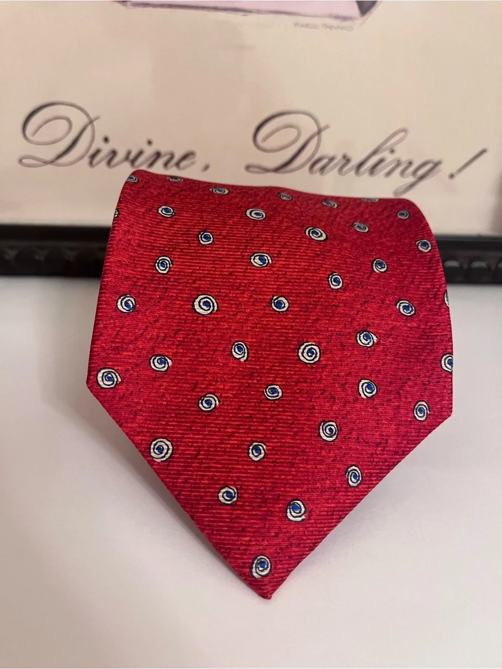 BVLGARI Red Silk Tie with Blue and Ivory Dot Motif - Made in Italy - 3.75” Width